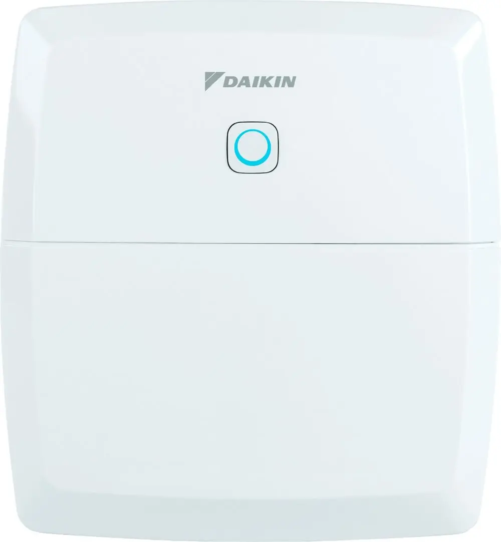 Weißes Gehäuse mit Daikin-Logo und blauer LED-Anzeige, ausgestattet mit einem zentralen Druckknopf. Kompaktes Design für einfache Wandmontage.